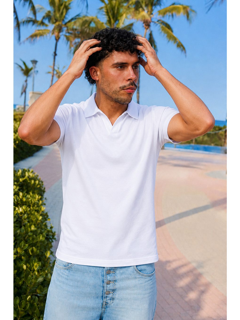 Erkek Trend Polo Yaka Günlük Beyaz Tişört-3