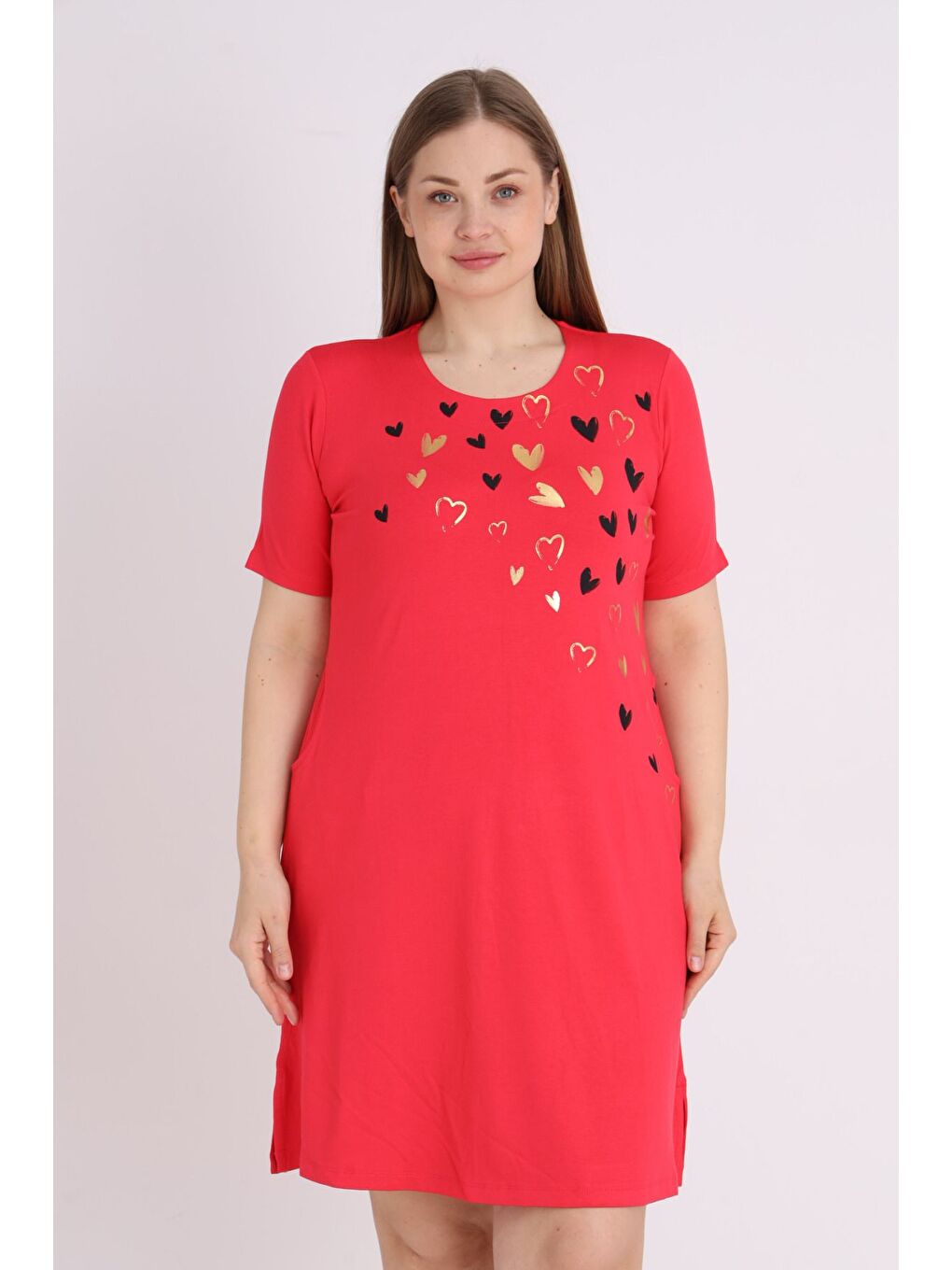 Kırmızı Kadın Cepli Baskılı Kısa Kollu Relaxed Büyük Beden Elbise-2