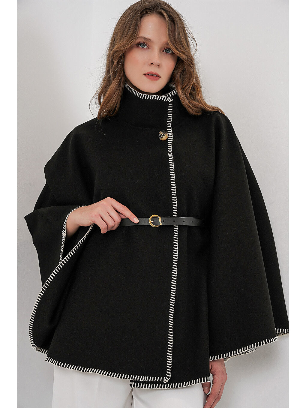 Kadın Dikiş Detaylı Kaşe Panço 9166 - Siyah-2