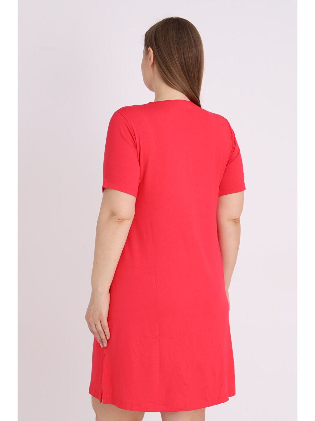 Kırmızı Kadın Cepli Baskılı Kısa Kollu Relaxed Büyük Beden Elbise-3