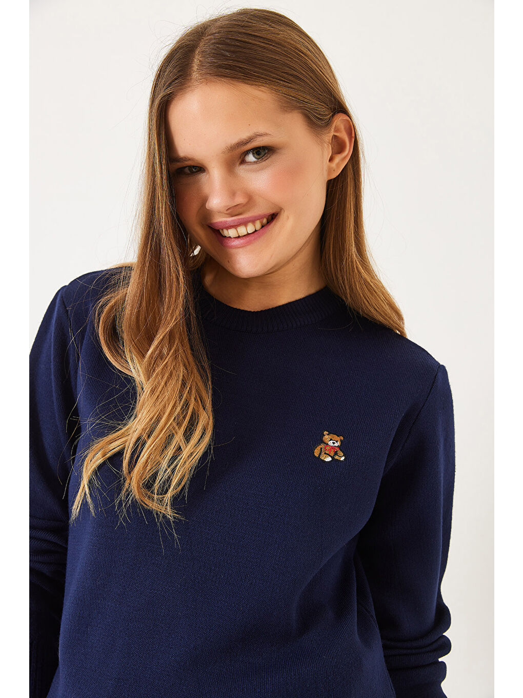 Lacivert KadınTeddy Nakışlı Basic Kazak-4