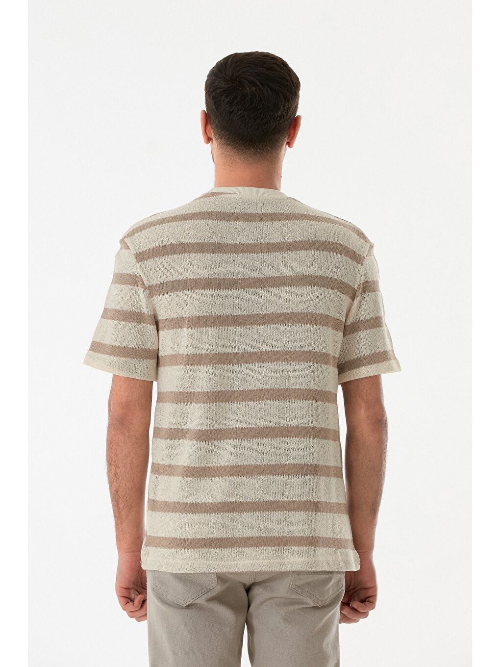 Bej Çizgili Ajurlu Bisiklet Yaka Triko Tişört-3