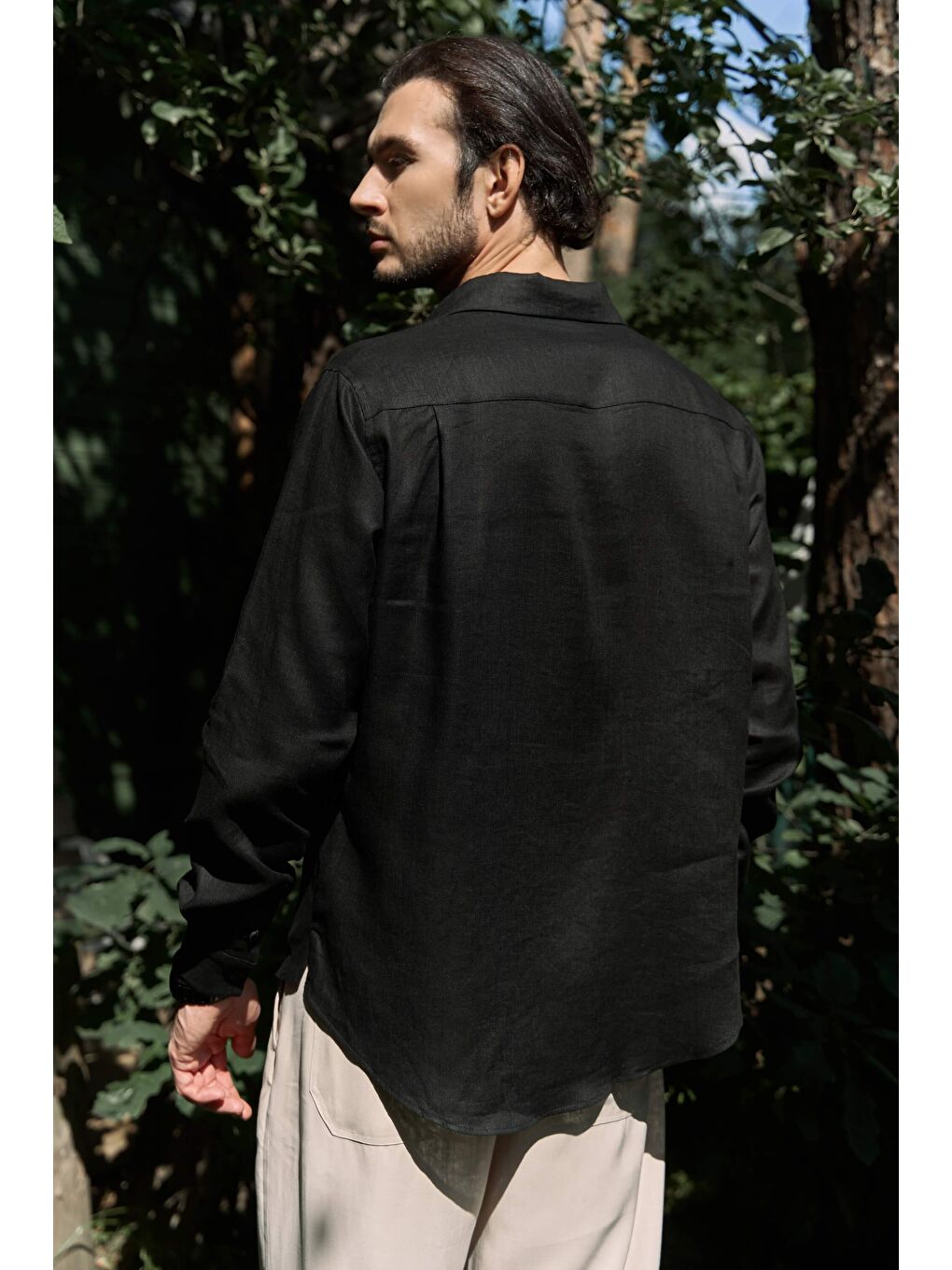 Ombretta Siyah Keten Oversize Erkek Gömlek-4