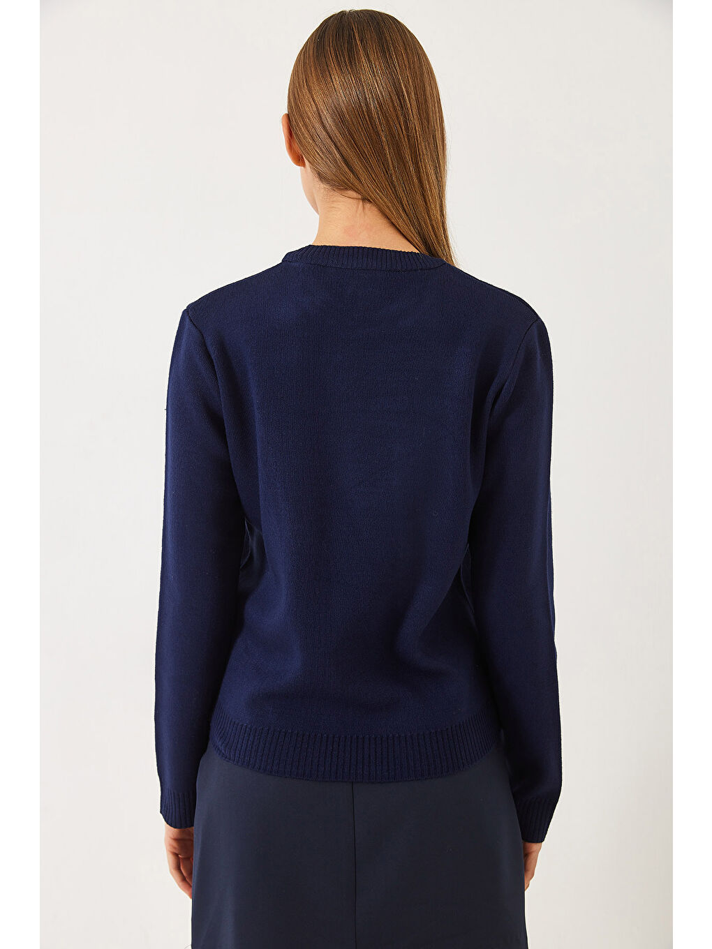 Lacivert KadınTeddy Nakışlı Basic Kazak-5