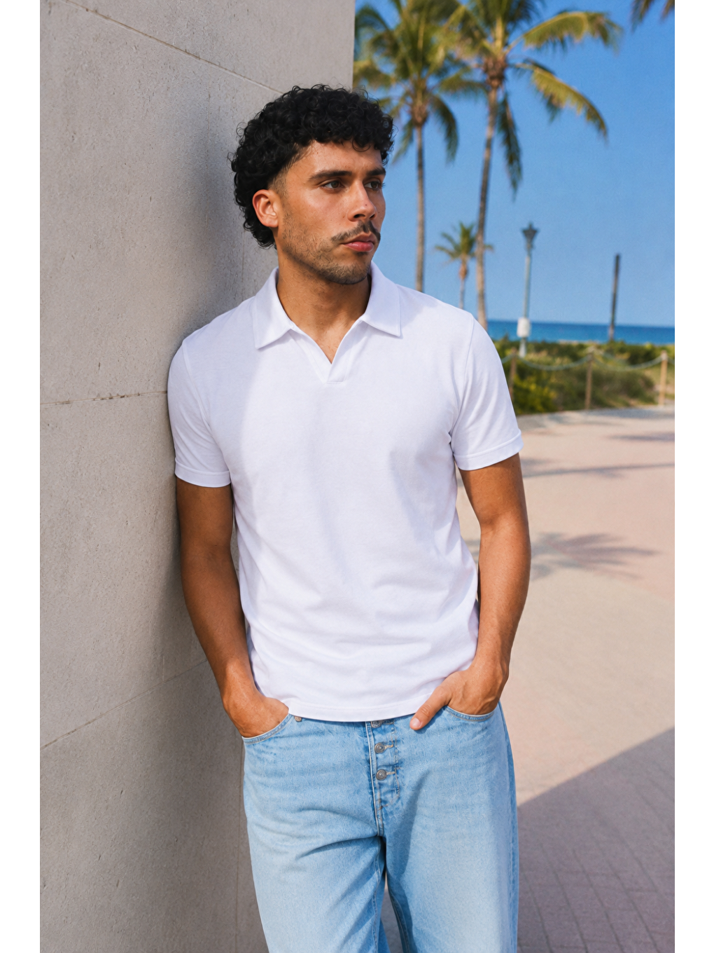 Erkek Trend Polo Yaka Günlük Beyaz Tişört-4
