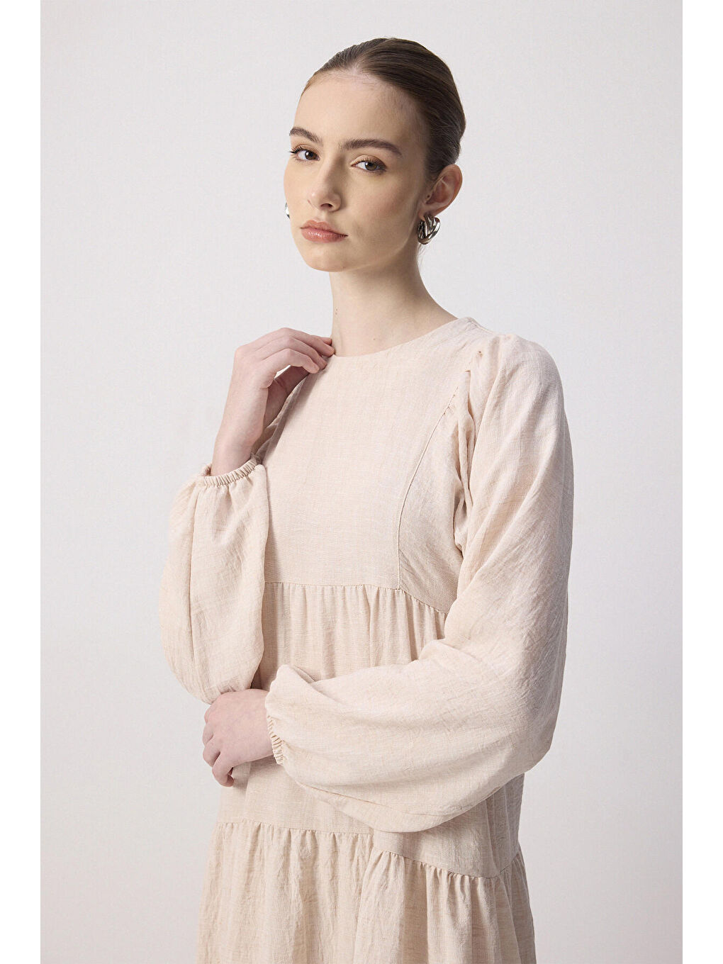 Bej %100 Keten Büzgülü Elbise