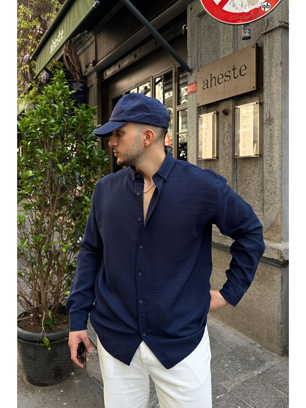 Lacivert Napas Erkek Oversize Keten Görünümlü Gömlek-1