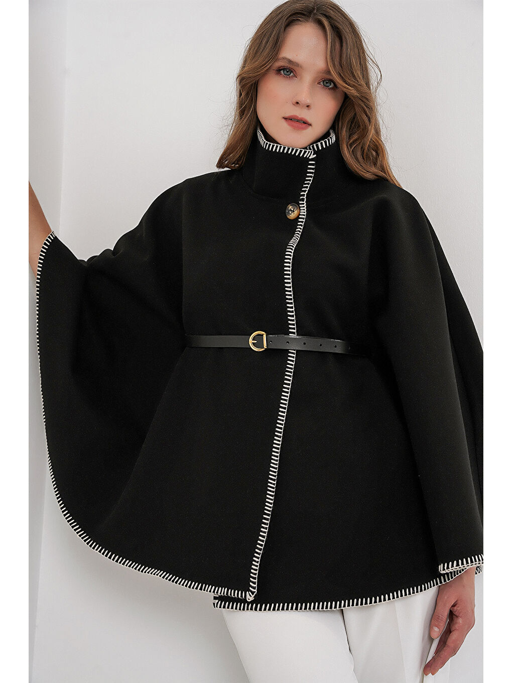 Kadın Dikiş Detaylı Kaşe Panço 9166 - Siyah-3