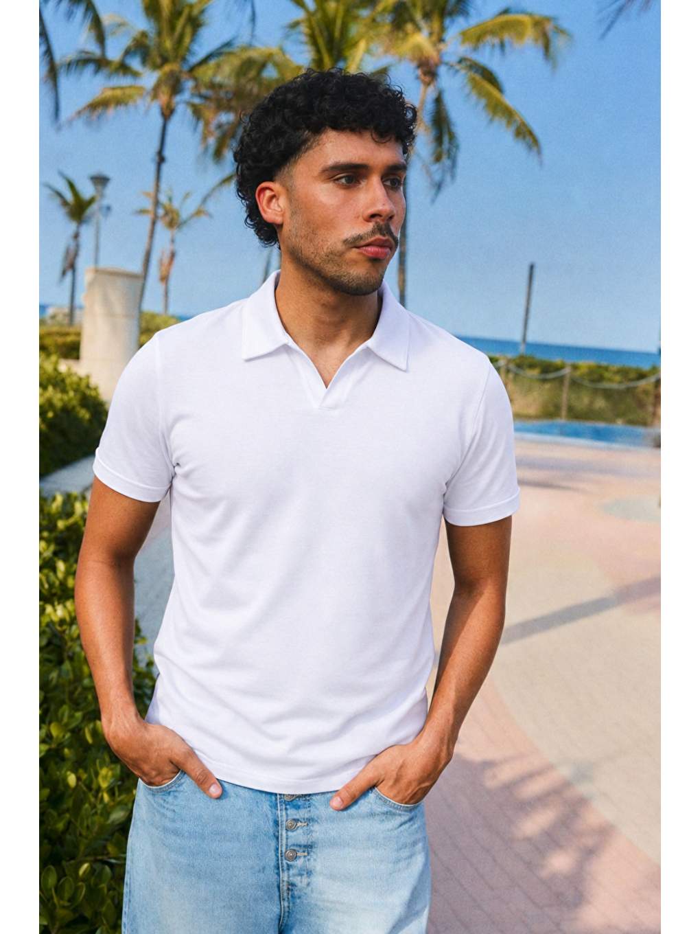 Erkek Trend Polo Yaka Günlük Beyaz Tişört-5