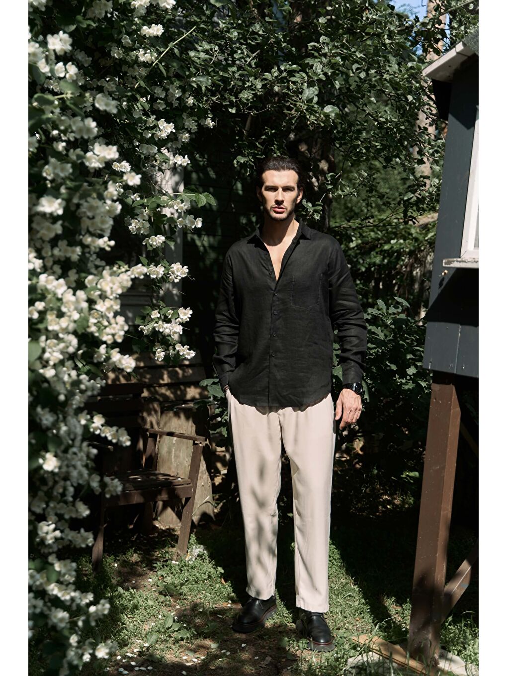 Ombretta Siyah Keten Oversize Erkek Gömlek-5