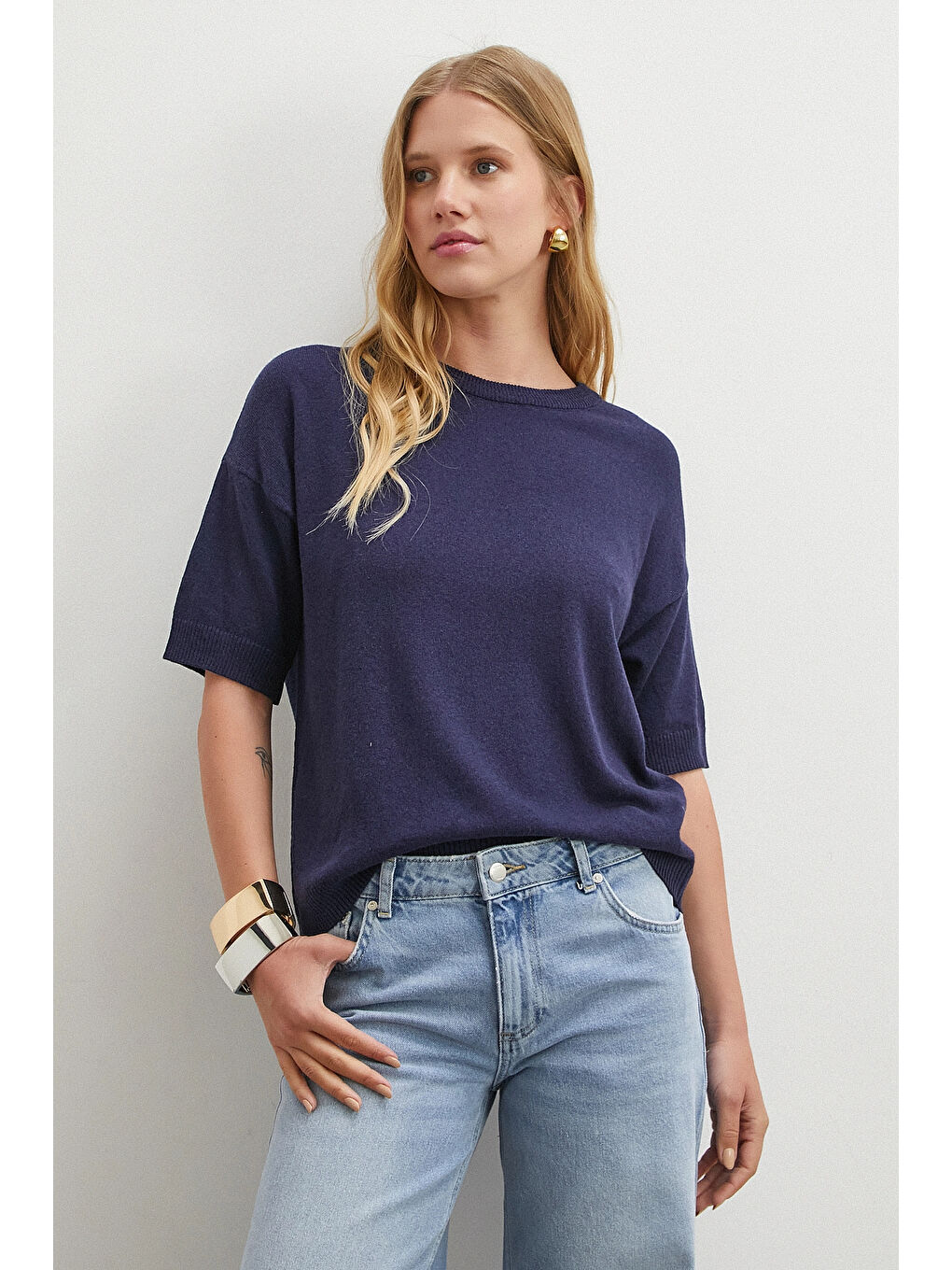 Bisiklet Yaka Triko T-shirt Lacivert-1