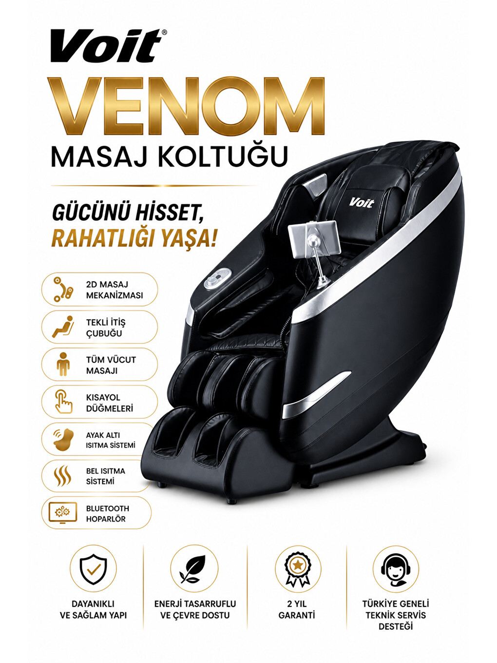 Venom Masaj Koltuğu – Tablet Kontrollü, Bluetooth Hoparlörlü, Kurulum Gerektirmez