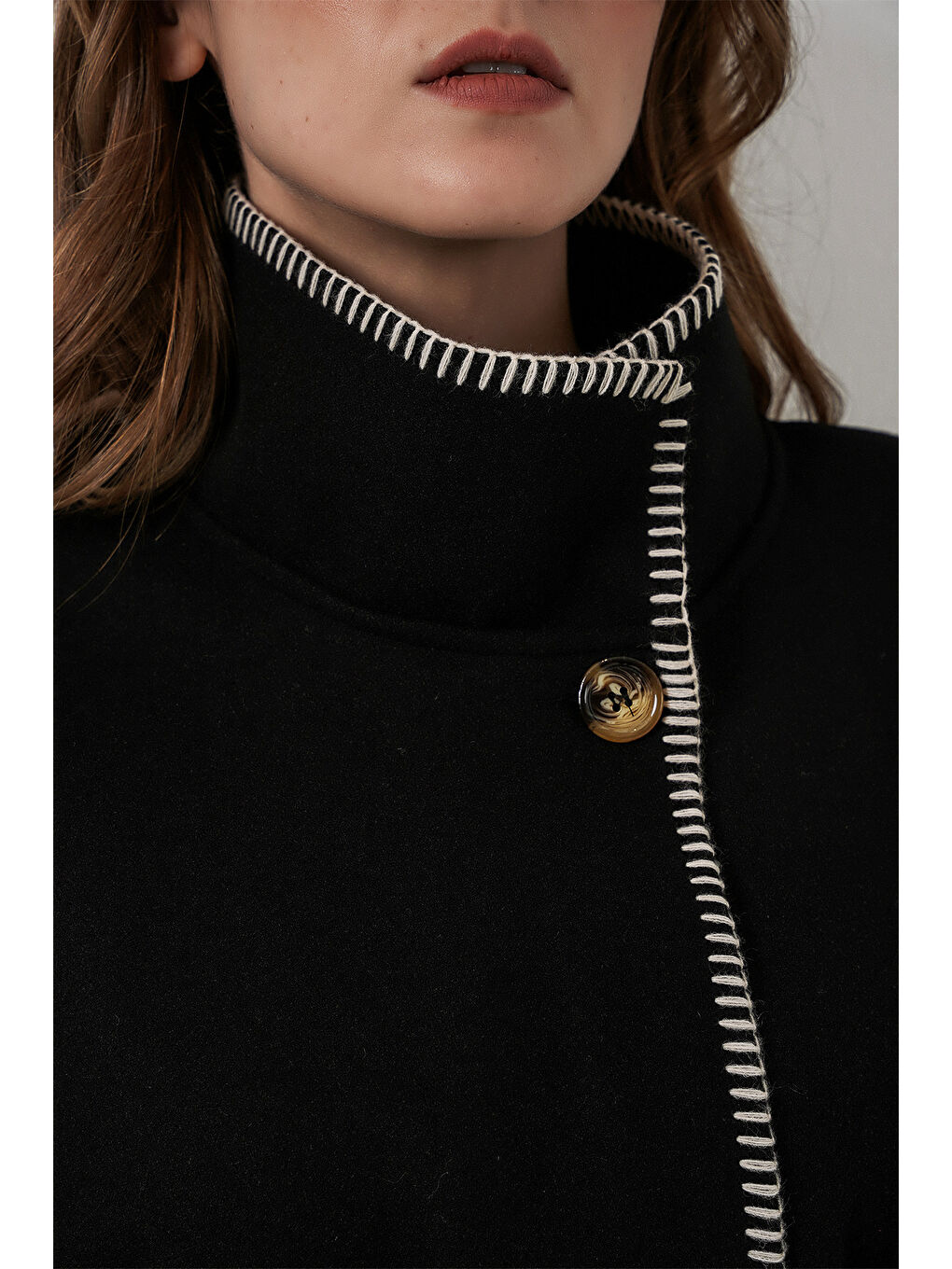 Kadın Dikiş Detaylı Kaşe Panço 9166 - Siyah-4