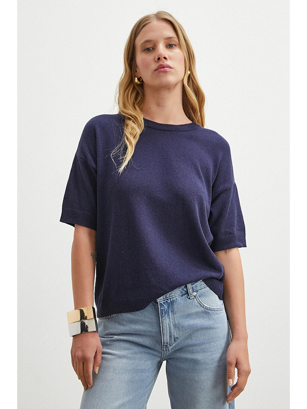 Bisiklet Yaka Triko T-shirt Lacivert-2