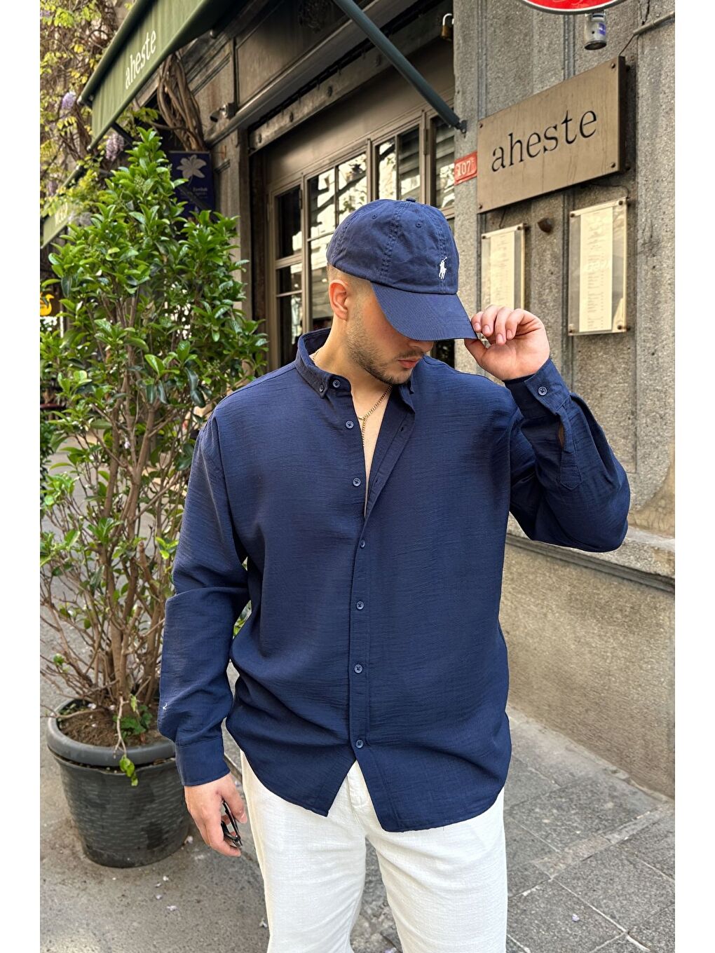 Lacivert Napas Erkek Oversize Keten Görünümlü Gömlek-3