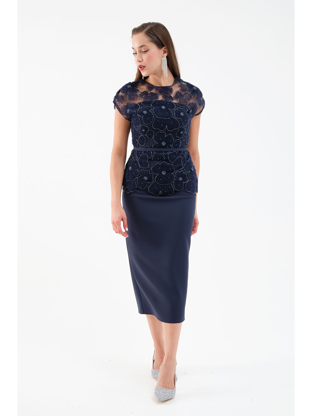 Kadın Lacivert Dantelli Midi Abiye Elbise
