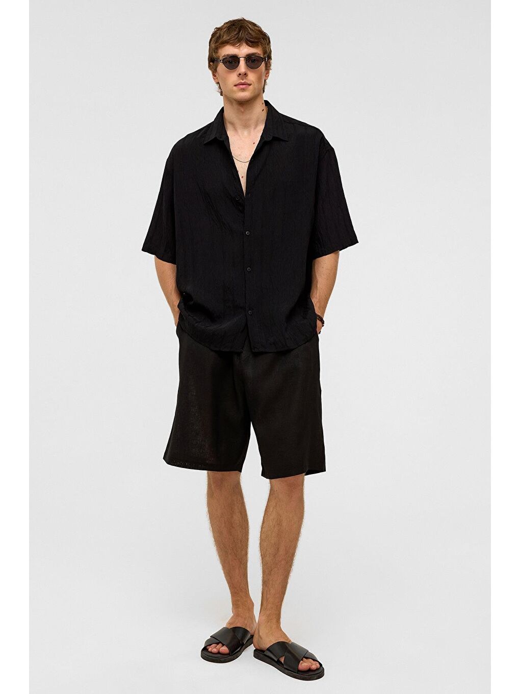 Oversize Çizgili Kısa Kollu Modal Kumaş Gömlek Siyah