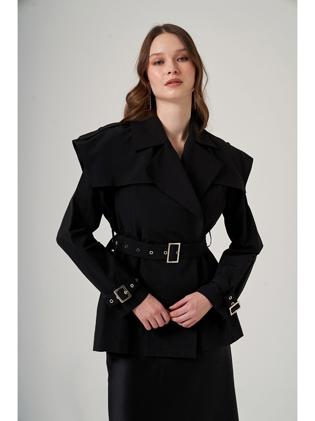 Kuşak Detaylı Kap Ceket 6042 Siyah-4