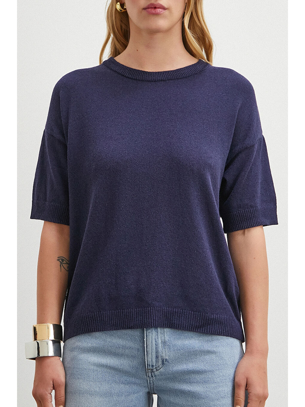 Bisiklet Yaka Triko T-shirt Lacivert-3