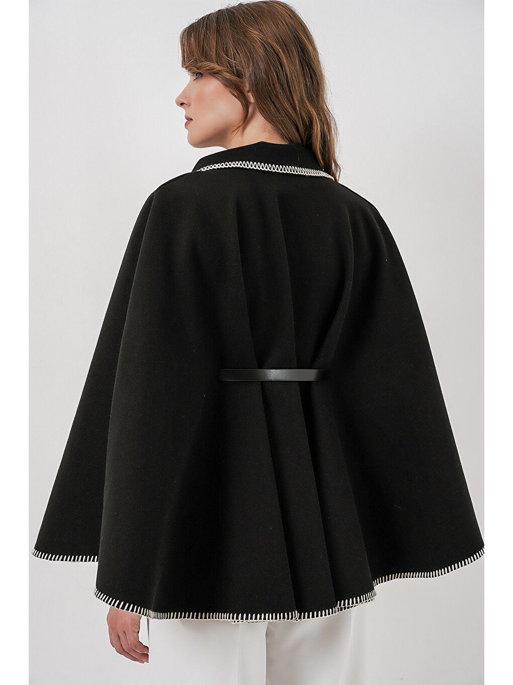 Kadın Dikiş Detaylı Kaşe Panço 9166 - Siyah-5