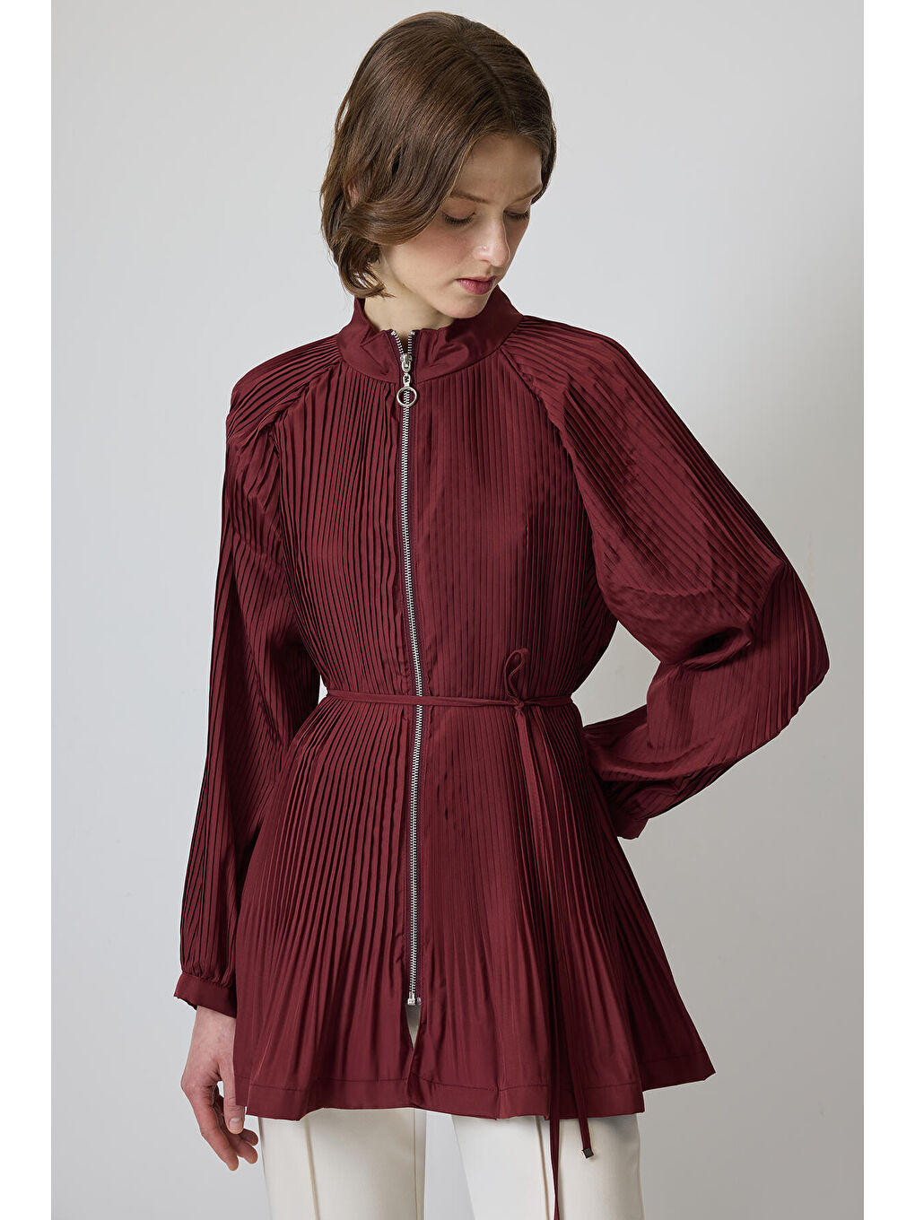 Bordo Pileli Önü Fermuarlı Ceket-1