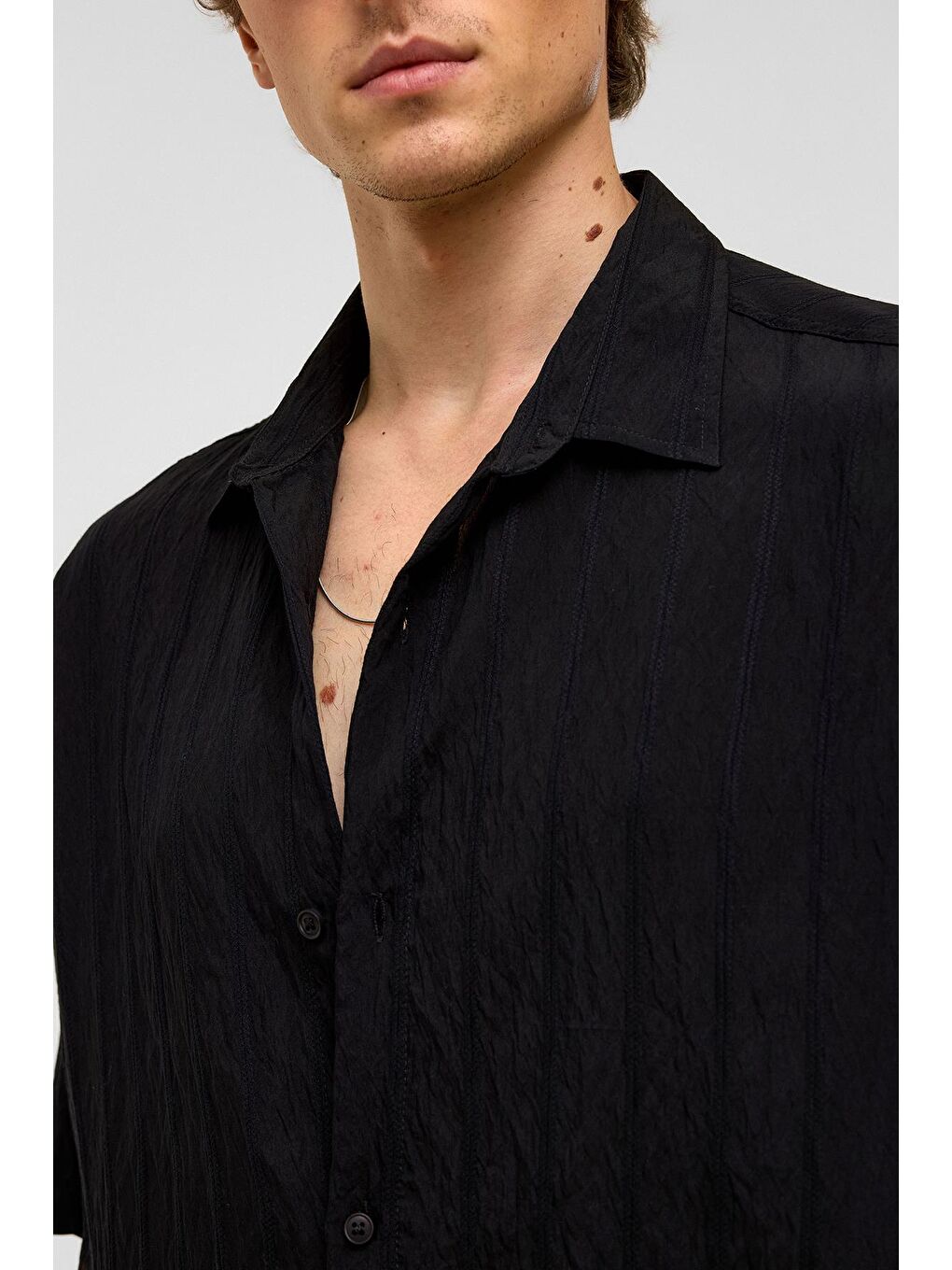 Oversize Çizgili Kısa Kollu Modal Kumaş Gömlek Siyah-4