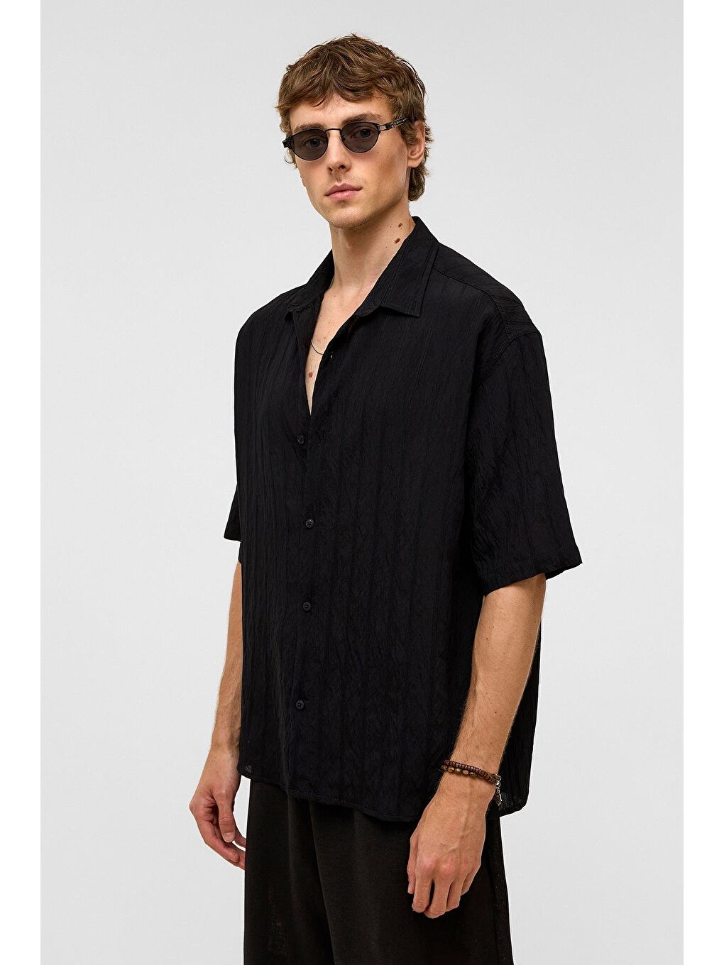 Oversize Çizgili Kısa Kollu Modal Kumaş Gömlek Siyah-5