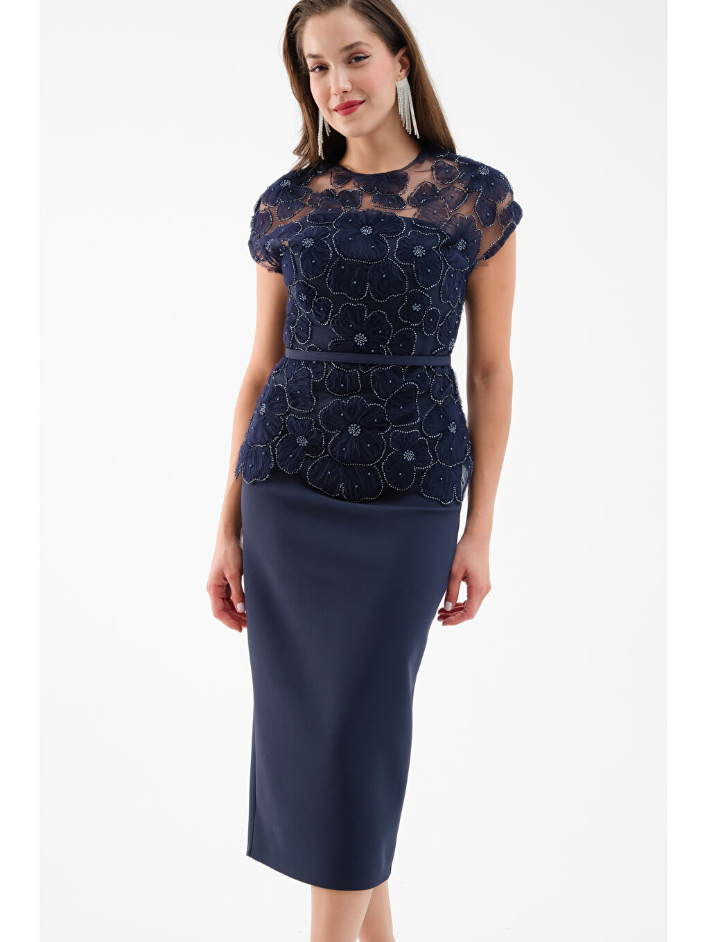 Kadın Lacivert Dantelli Midi Abiye Elbise-2