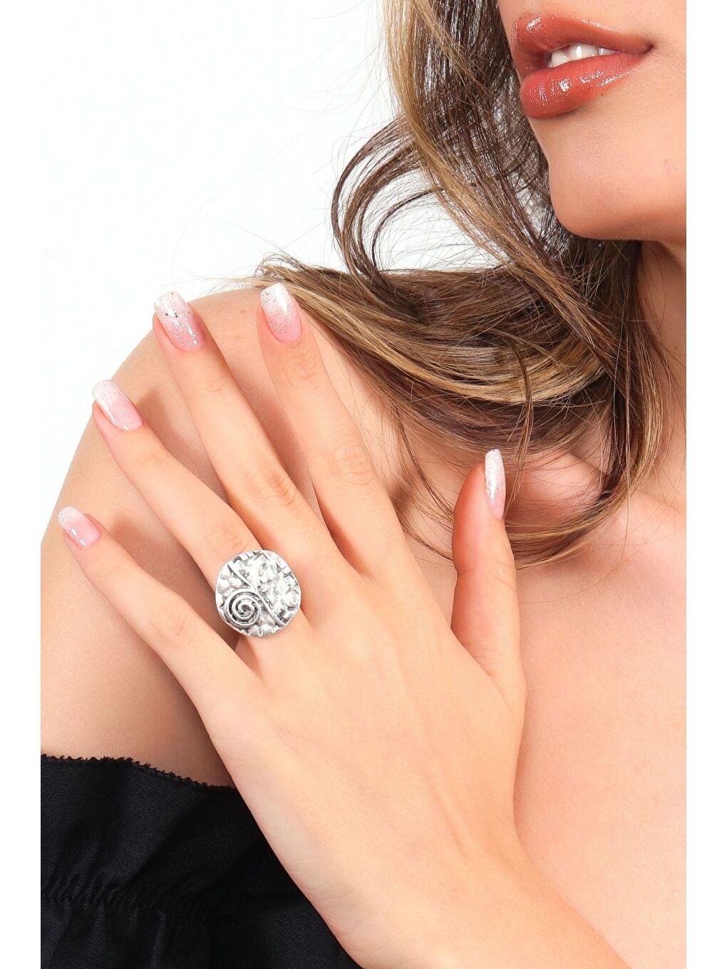 Gri Kadın Antik Gümüş Kaplama Ayarlanabilir Etnik Baskılı Bohem Yüzük-2