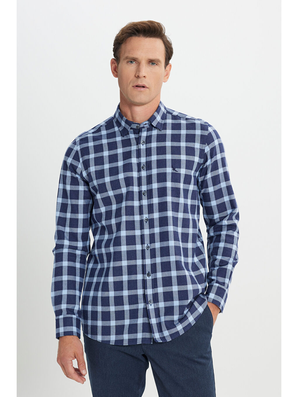 Erkek Lacivert-Mavi %100 Pamuk Oxford Slim Fit Dar Kesim Desenli Gömlek