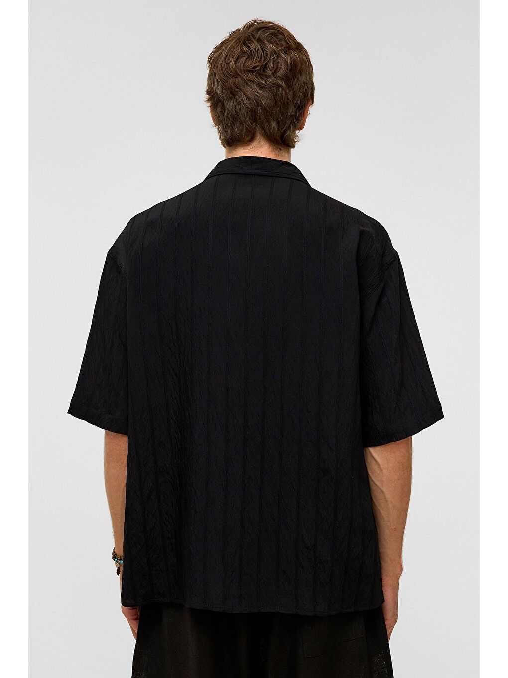 Oversize Çizgili Kısa Kollu Modal Kumaş Gömlek Siyah-6