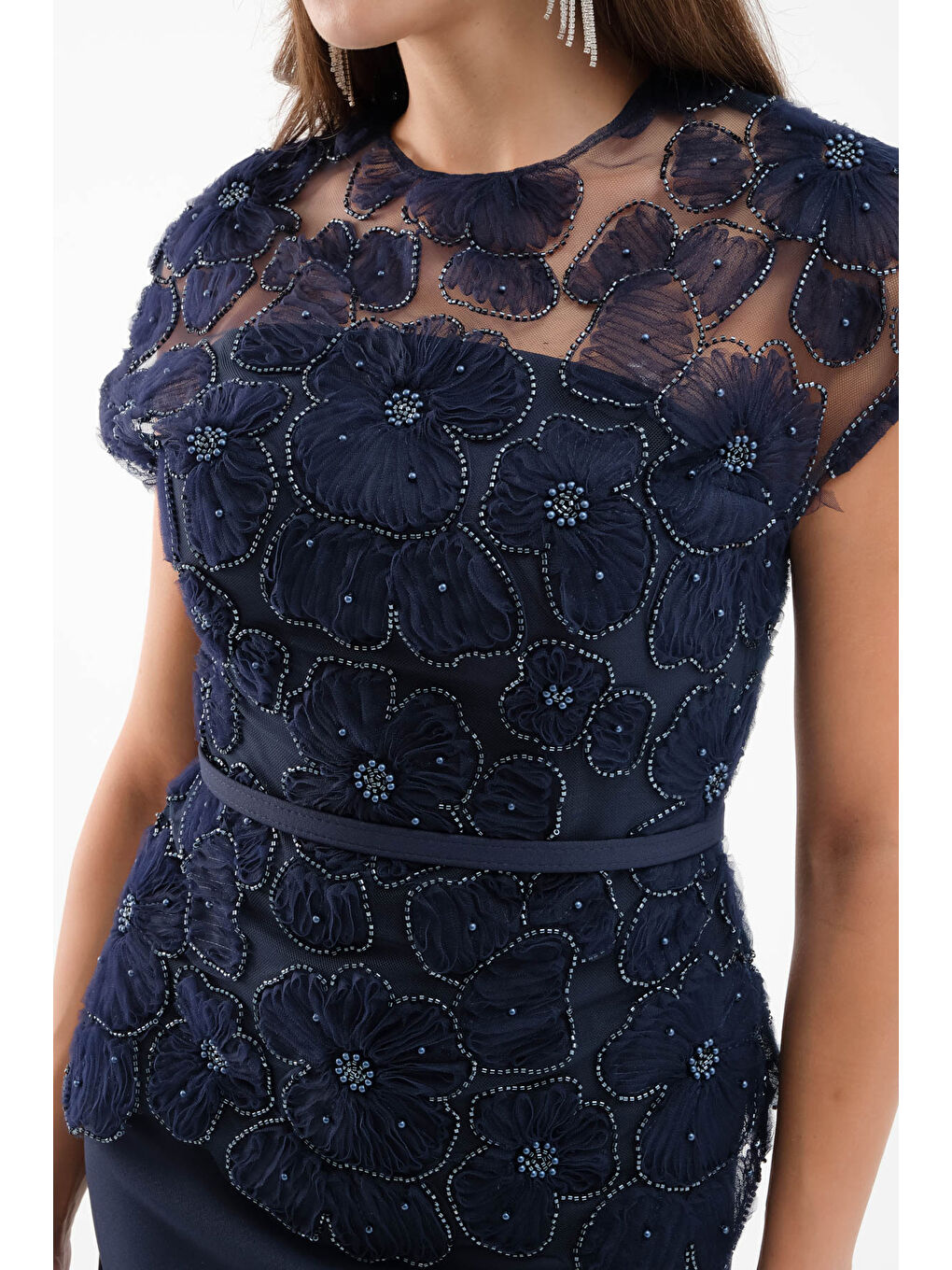 Kadın Lacivert Dantelli Midi Abiye Elbise-3