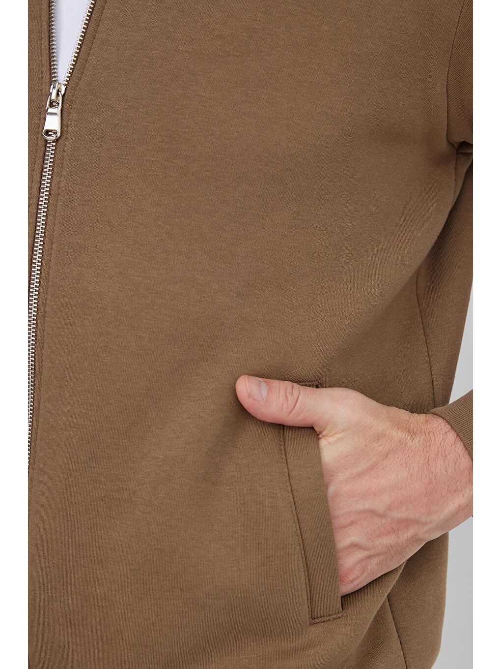 Unisex Relax Fit Rahat Kesim Pamuklu 3 İplik İçi Polarlı Fermuarlı Kahverengi Cepli Sweatshirt Hırka-2