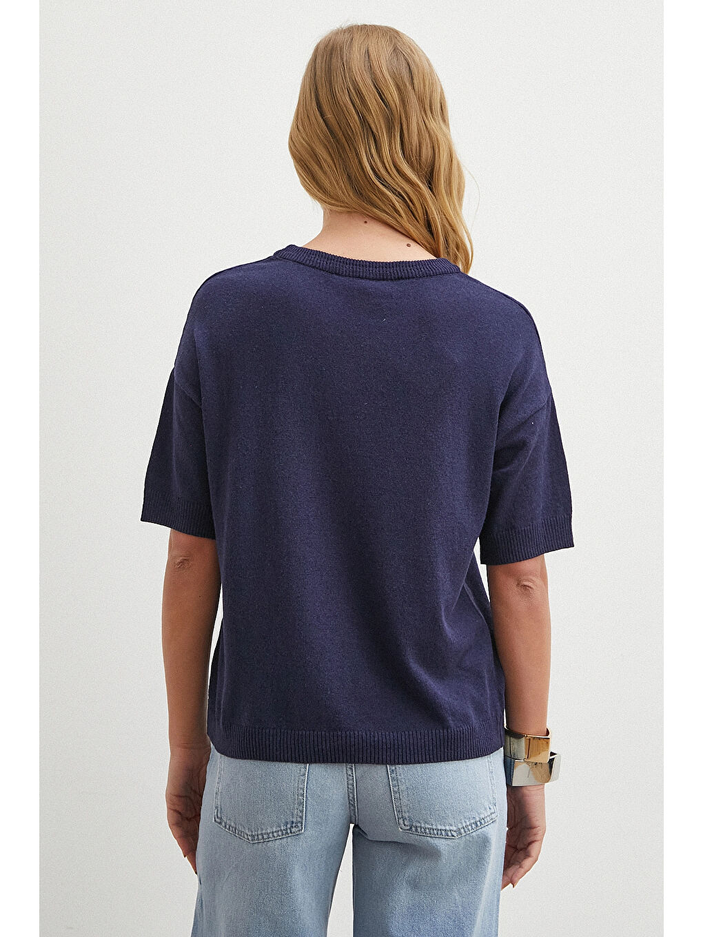 Bisiklet Yaka Triko T-shirt Lacivert-5