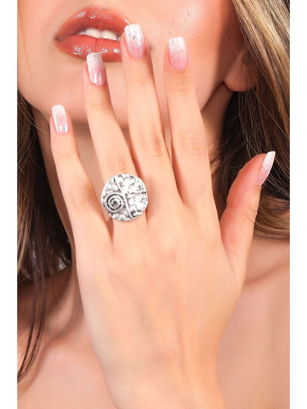 Gri Kadın Antik Gümüş Kaplama Ayarlanabilir Etnik Baskılı Bohem Yüzük-3