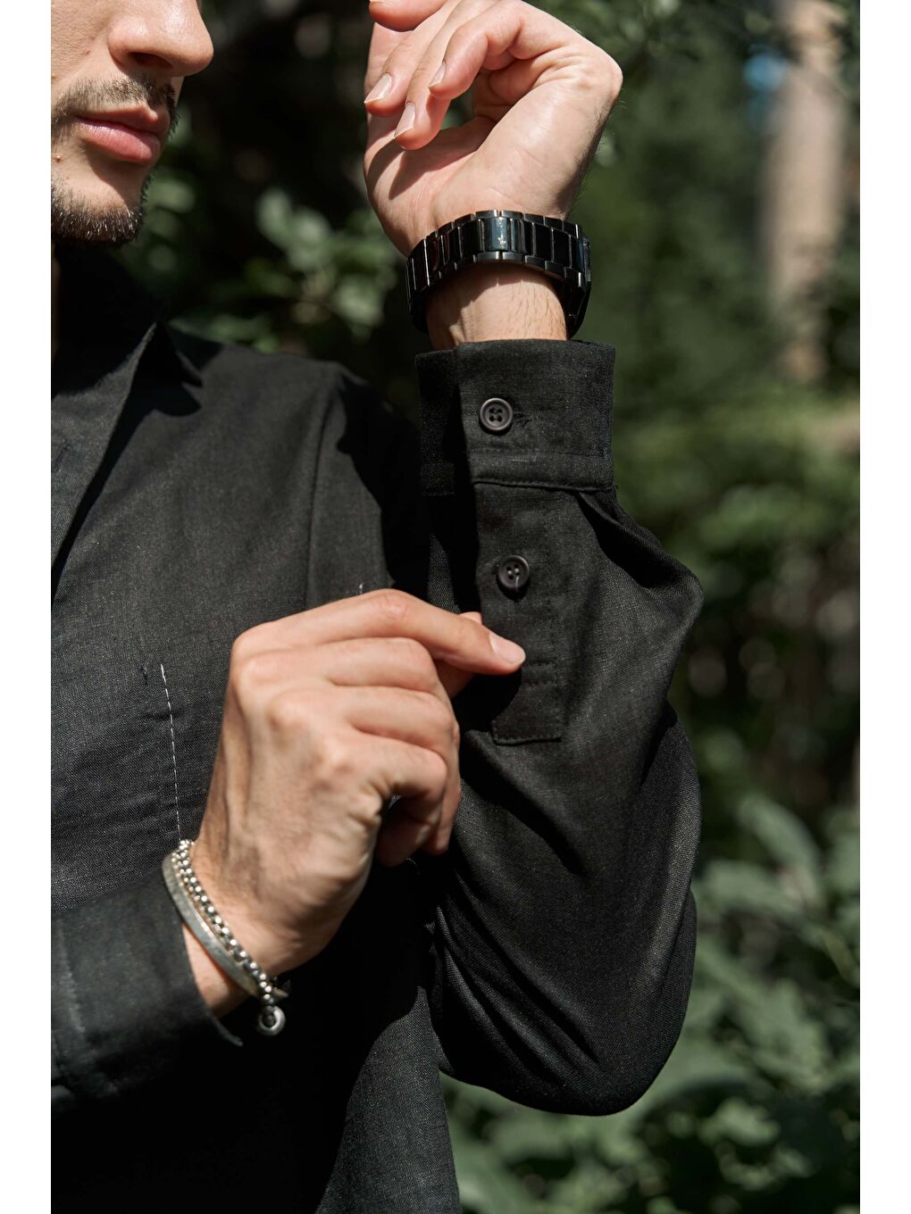 Ombretta Siyah Keten Oversize Erkek Gömlek-7