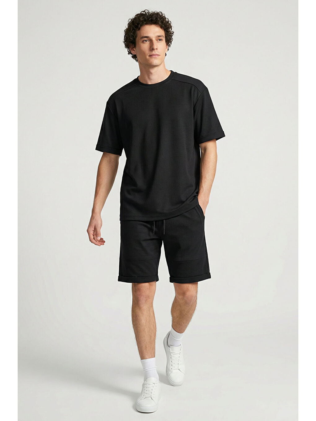 Siyah Oversize Fit Yumuşak Dokulu Basic Erkek Şort Takım - 85274