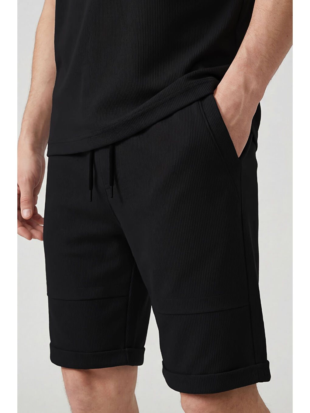 Siyah Oversize Fit Yumuşak Dokulu Basic Erkek Şort Takım - 85274-1