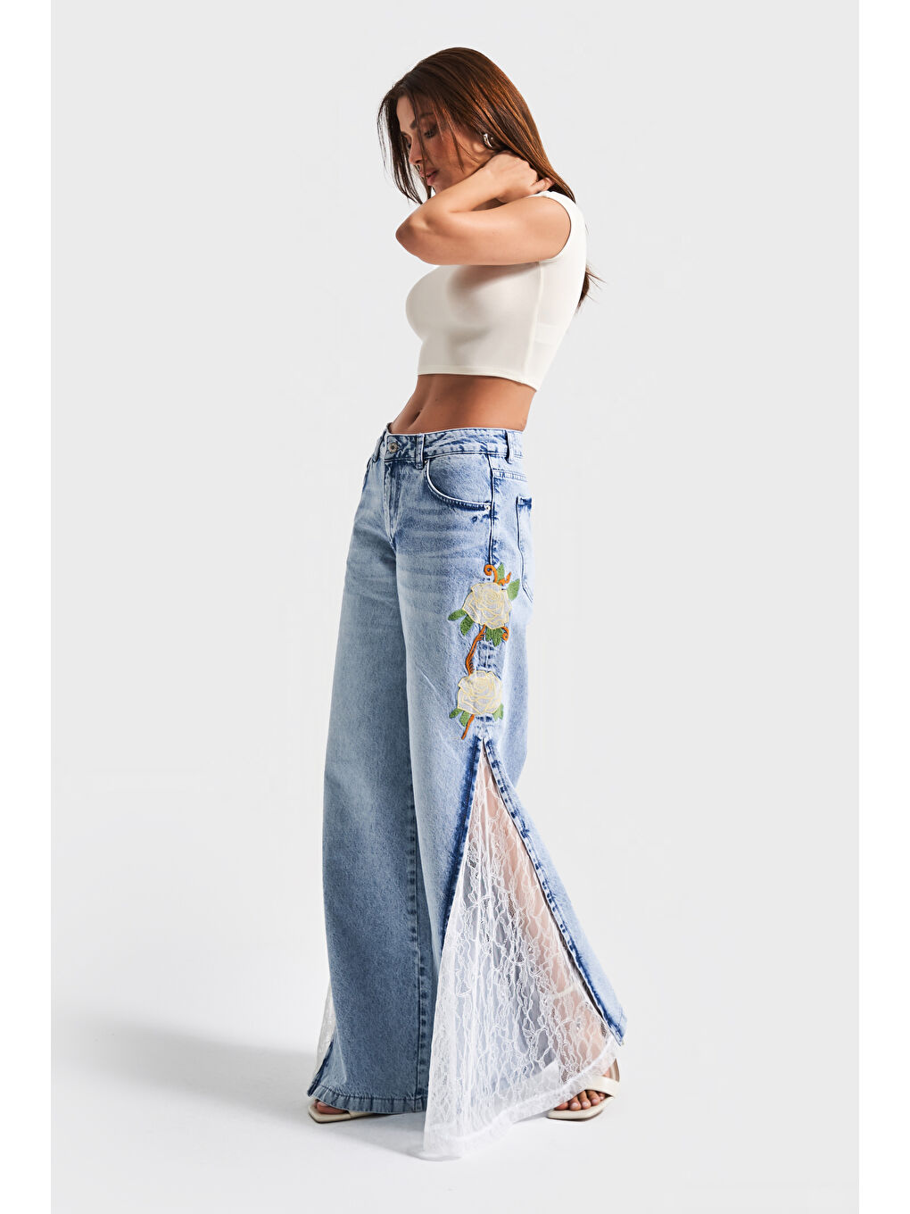 Mavi Kadın Jean Rengi 4s5-27 Palazzo Fit Çiçek Nakışlı Dantel Detaylı Tasarım %100 Pamuk Denim Jean-3