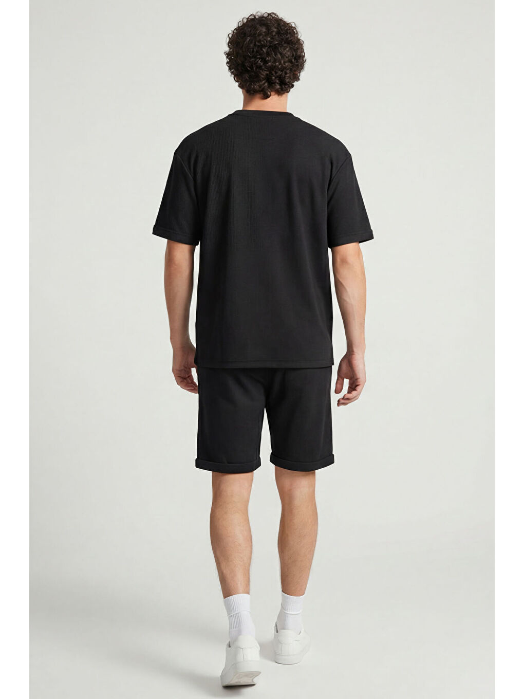 Siyah Oversize Fit Yumuşak Dokulu Basic Erkek Şort Takım - 85274-3
