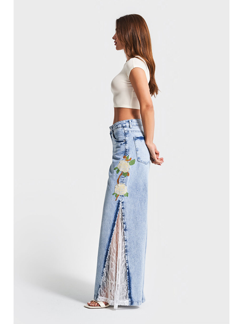 Mavi Kadın Jean Rengi 4s5-27 Palazzo Fit Çiçek Nakışlı Dantel Detaylı Tasarım %100 Pamuk Denim Jean-4