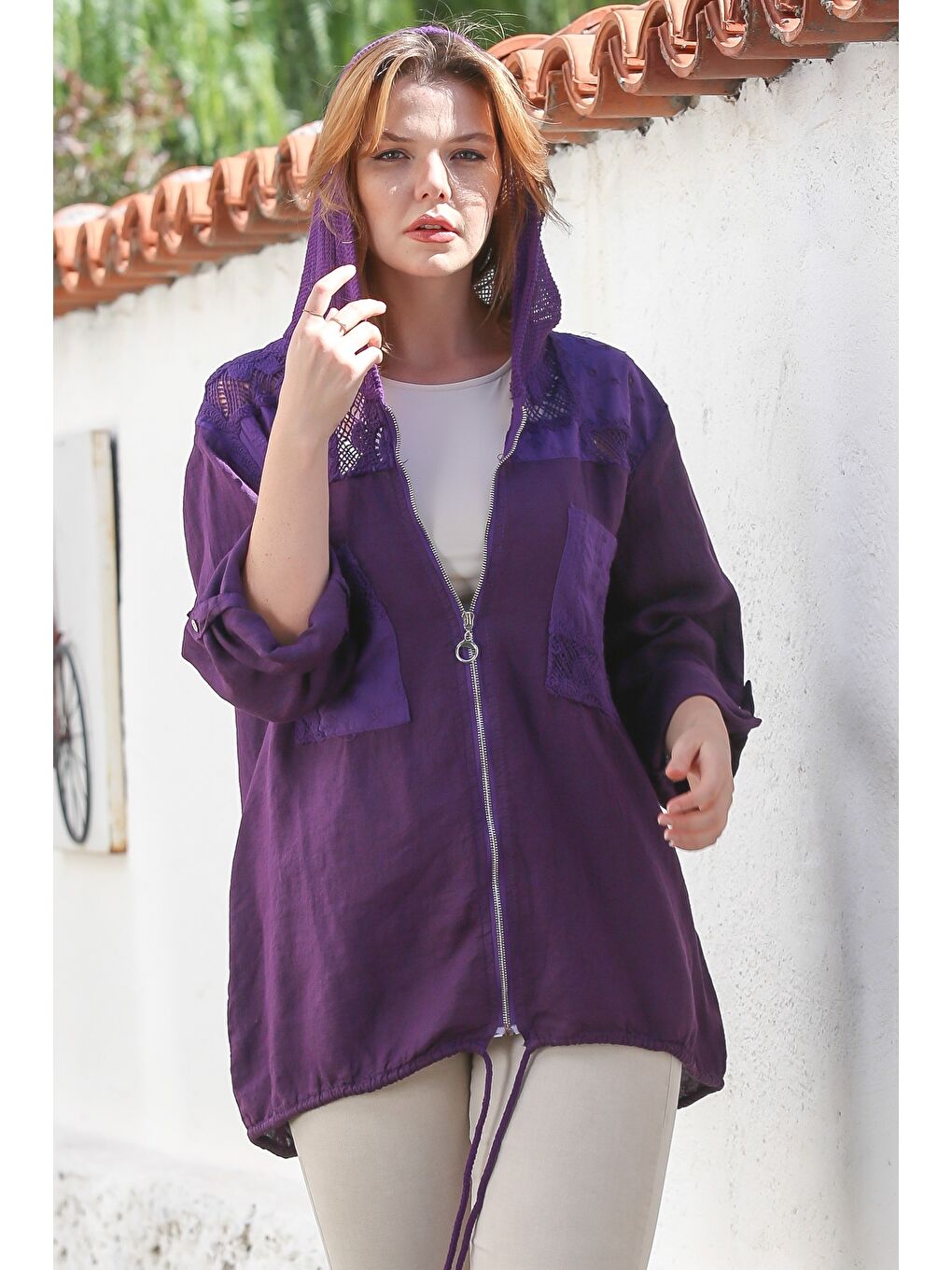 İtalyan Mor Kapüşonlu Düğmeli Uzun Kollu Fermuarlı Cepli File Detaylı Keten Dokuma Ceket 75 65-3
