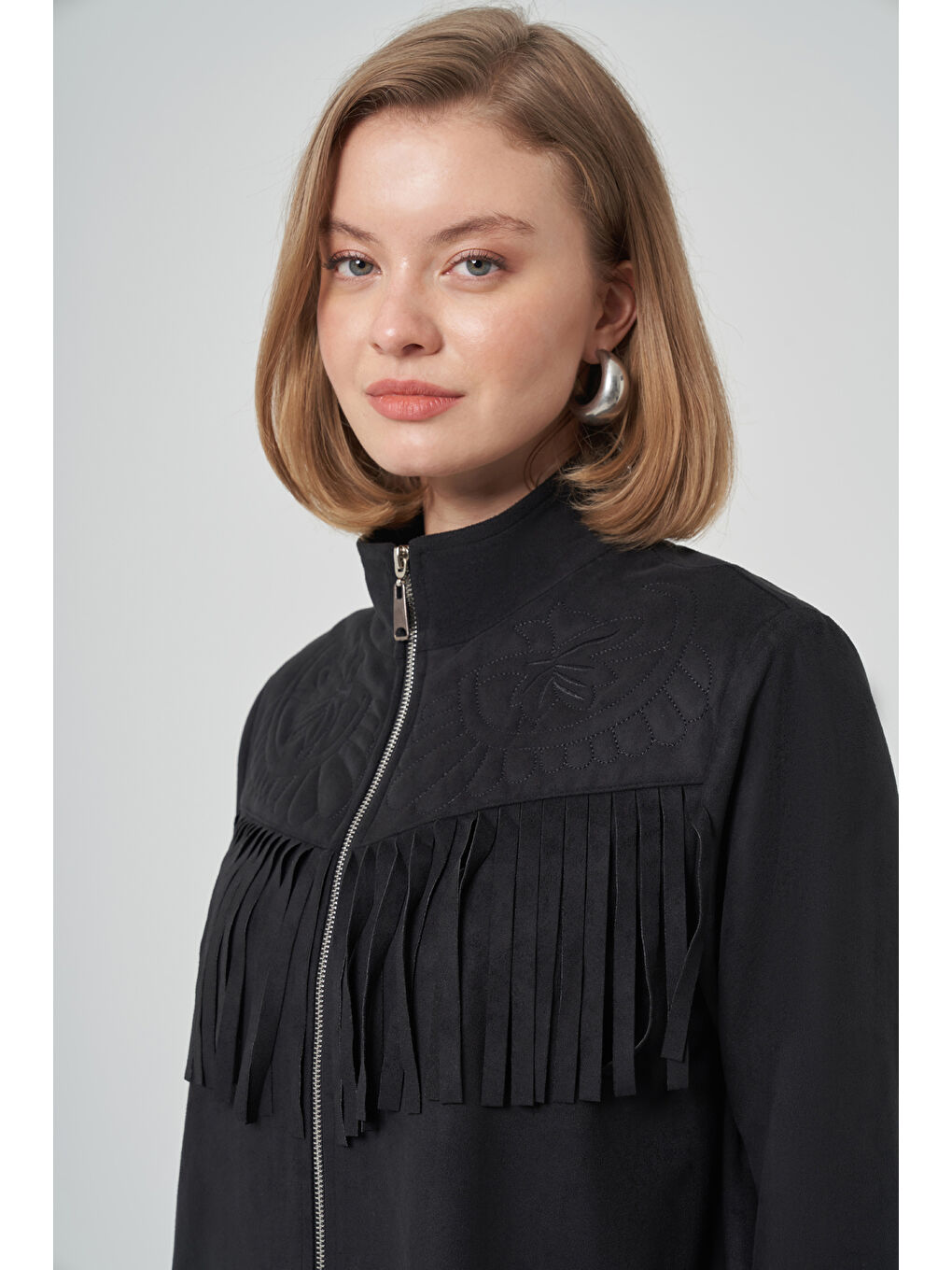 Püskül ve İşlemen Detay Süet Ceket 6028 Siyah-1