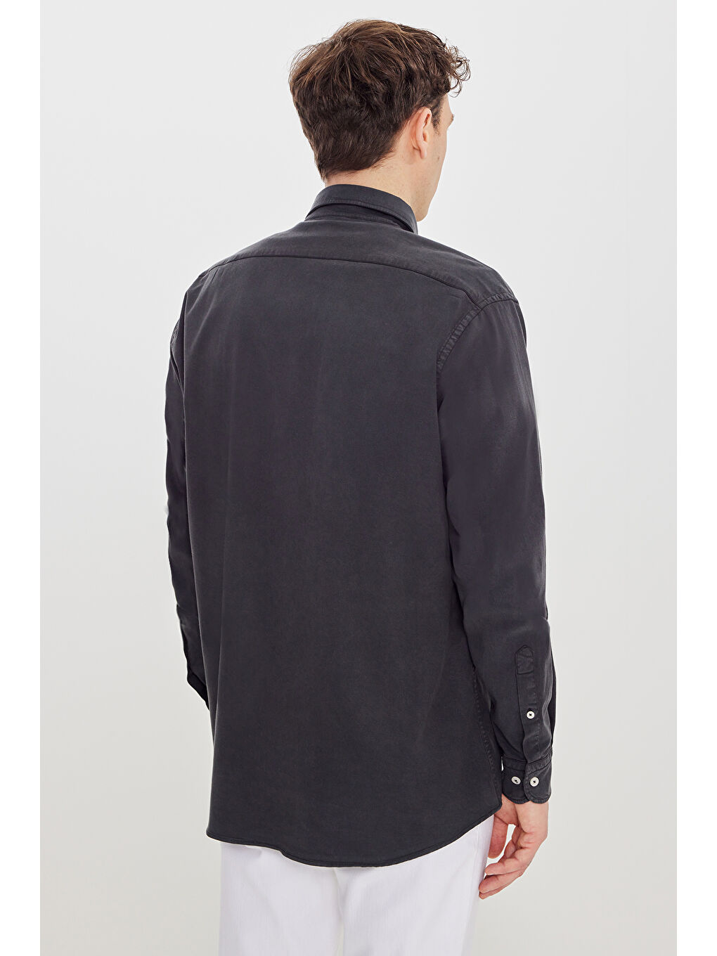 Erkek Antrasit Pamuklu Comfort Fit Rahat Kesim Gizli Düğme Yaka Gömlek-4