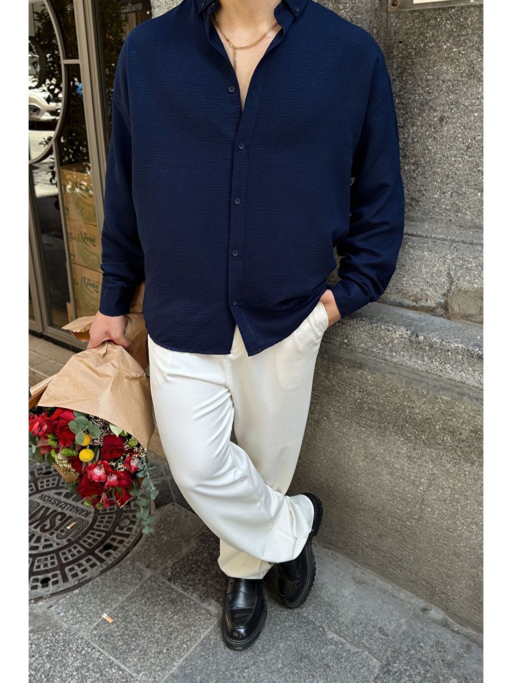 Lacivert Napas Erkek Oversize Keten Görünümlü Gömlek-6