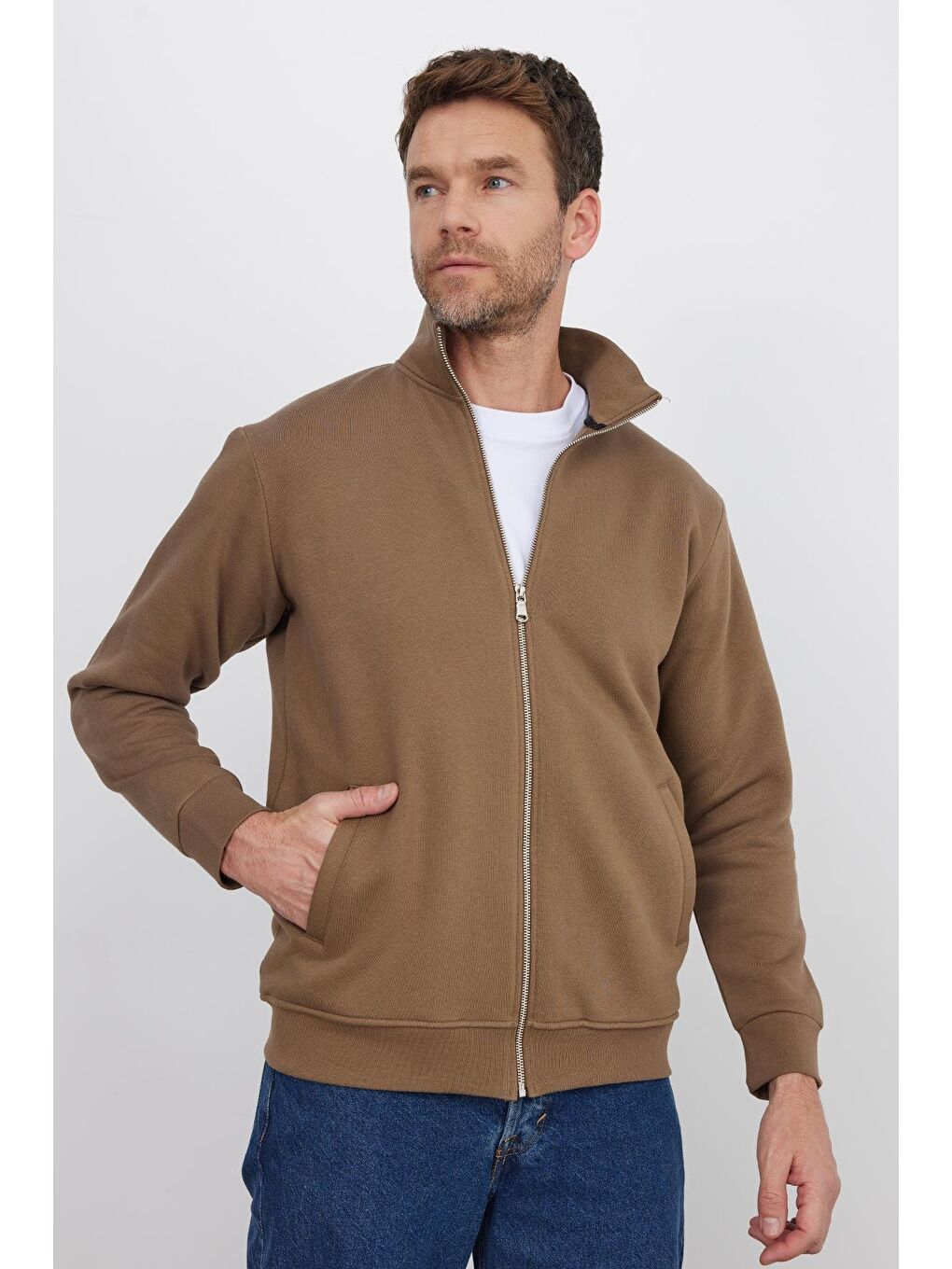 Unisex Relax Fit Rahat Kesim Pamuklu 3 İplik İçi Polarlı Fermuarlı Kahverengi Cepli Sweatshirt Hırka-4