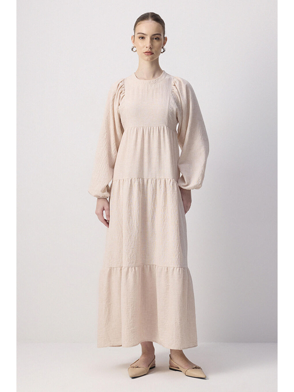 Bej %100 Keten Büzgülü Elbise-1