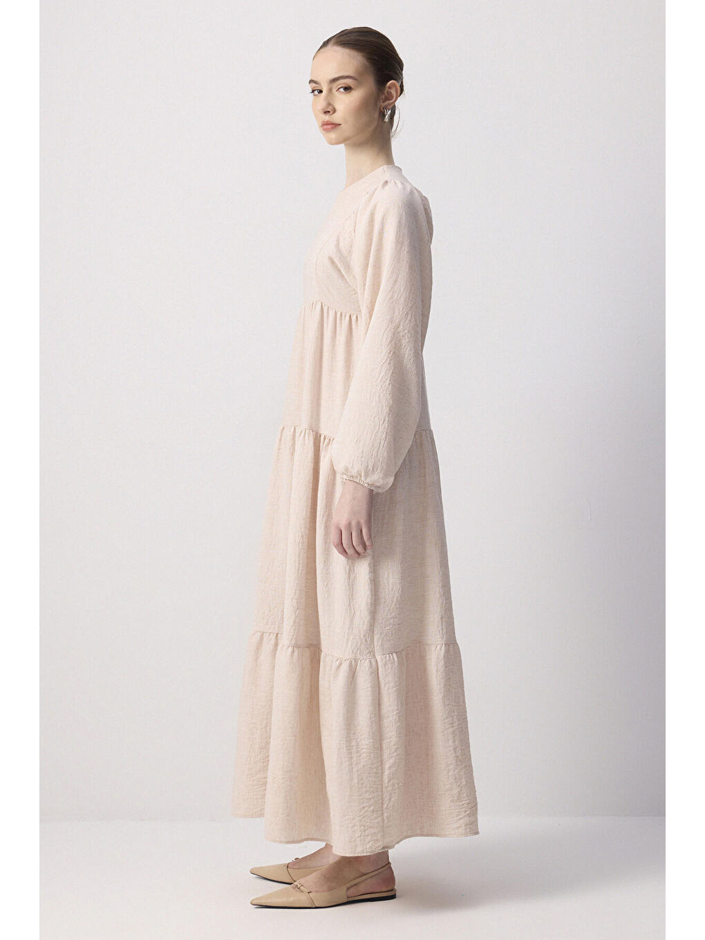 Bej %100 Keten Büzgülü Elbise-2