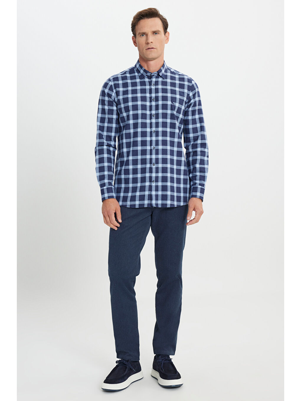 Erkek Lacivert-Mavi %100 Pamuk Oxford Slim Fit Dar Kesim Desenli Gömlek-1