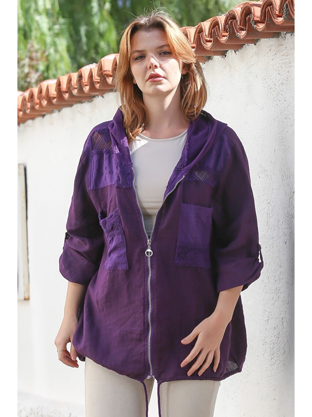 İtalyan Mor Kapüşonlu Düğmeli Uzun Kollu Fermuarlı Cepli File Detaylı Keten Dokuma Ceket 75 65-4